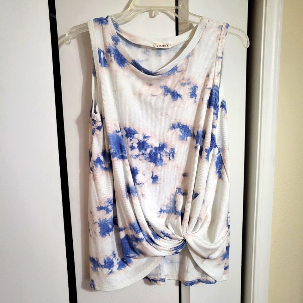 Pink Blue and White Tie Dye Twisted Hem Sleeveless Shirt. Size Large